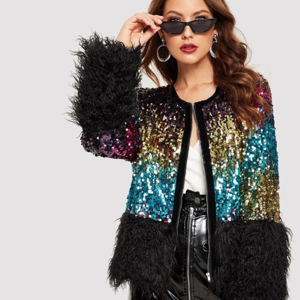 UNBRANDED Sequin Mongolian Faux Fur Holiday Jacket